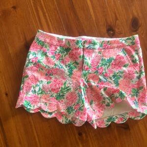 High Waist Pink and Green Floral Shorts with Scalloped Hem